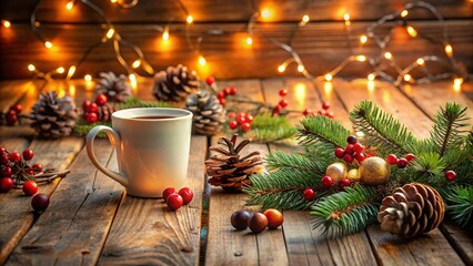 Cozy Christmas Coffee Mug Mockup on Rustic Wooden Table - Festive Holiday Design