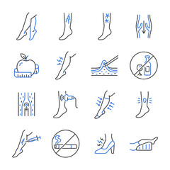 Varicose veins line color icon set. Leg veins thrombosis disease. Treatment, surgery and prevention of varicose veins vector sign with ultrasaund, ulcer, phlebectomy, laser coagulation.