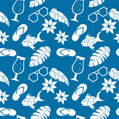 Summer pattern of fish, glasses, tropical leaves, flip-flops, juicy drinks. Blue background and silhouettes on a beach theme.