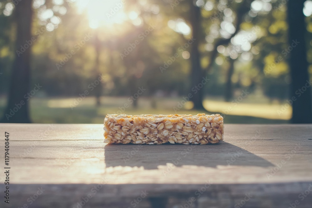 Poster an appealing snack bar resting on a picnic table with sunlight filtering through leaves in a serene 