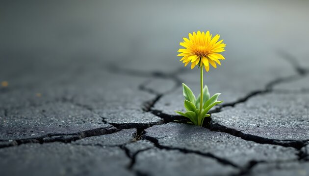 Resilience personified: A yellow dandelion bravely blooms from cracked earth, symbolizing strength and hope amidst adversity