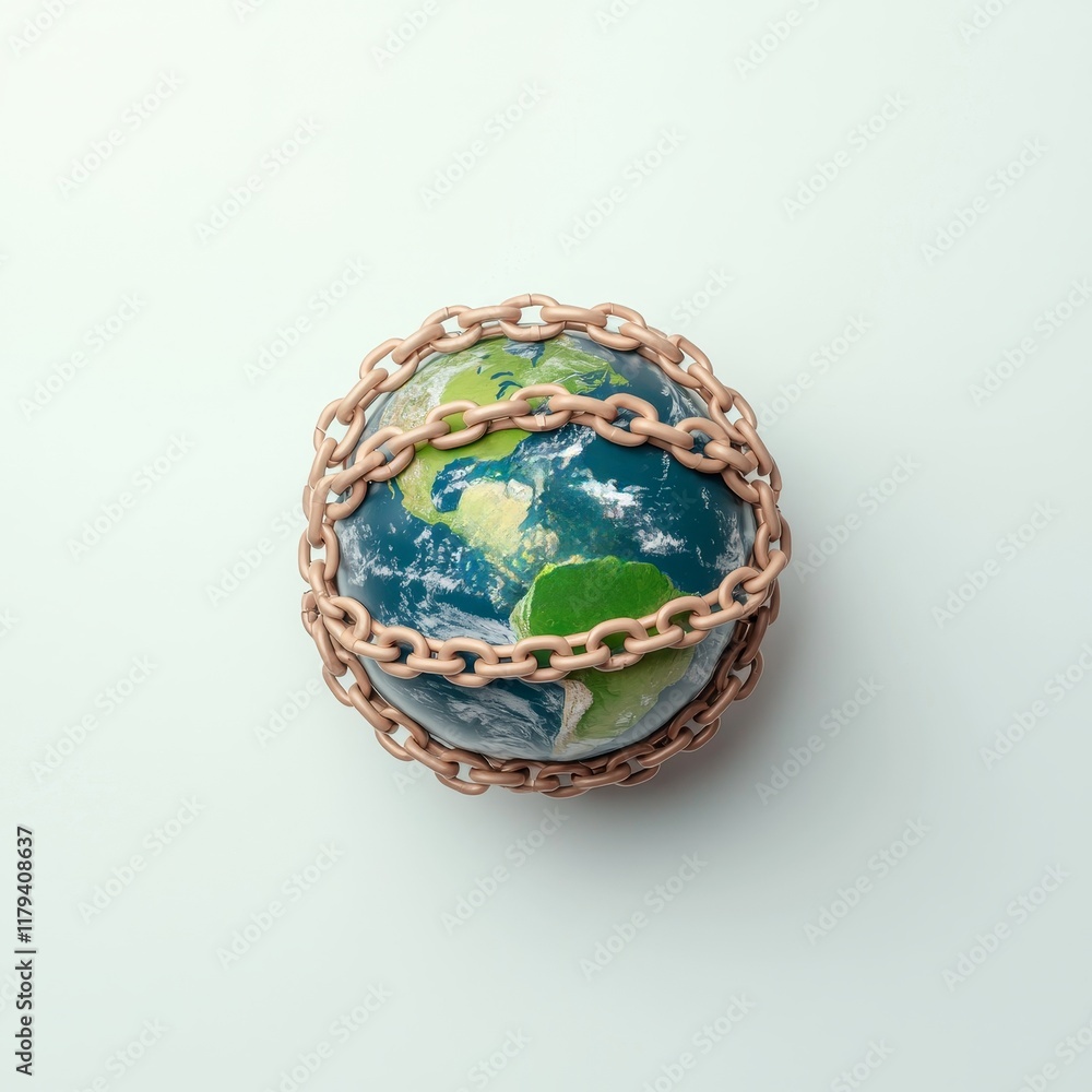 Poster export ban concept. a globe wrapped in chains symbolizing restriction and confinement.