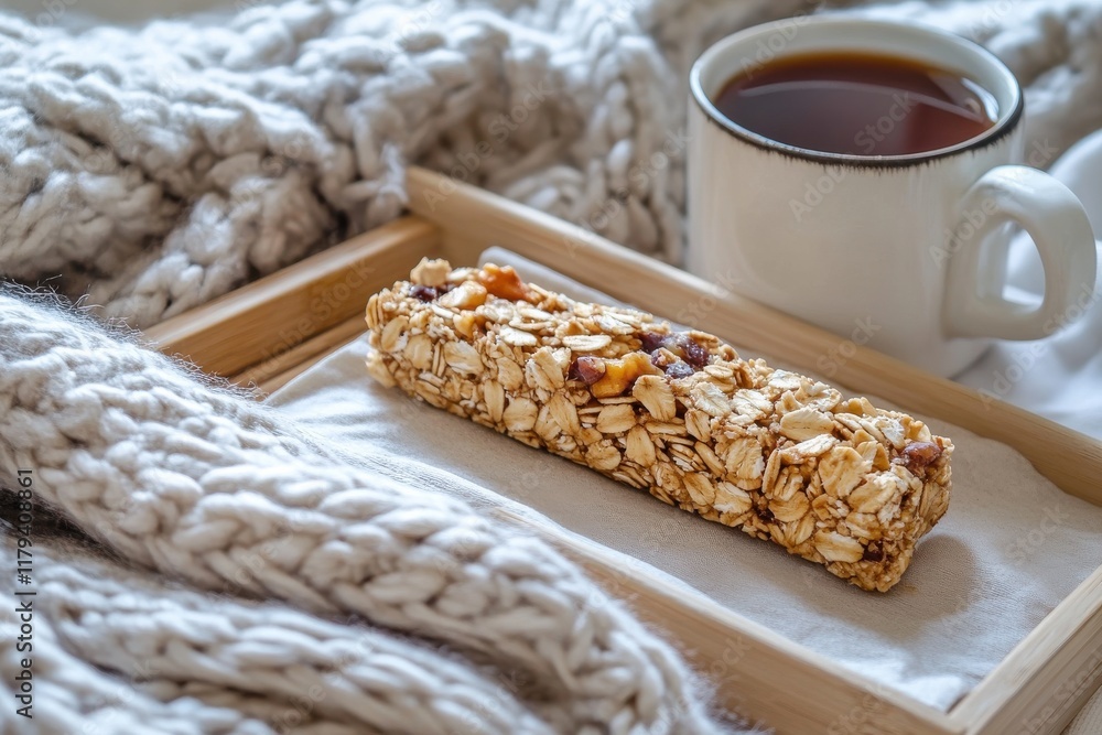 Poster cozy breakfast setting with soft lighting featuring a snack bar and a cup of tea on a blanket-covere