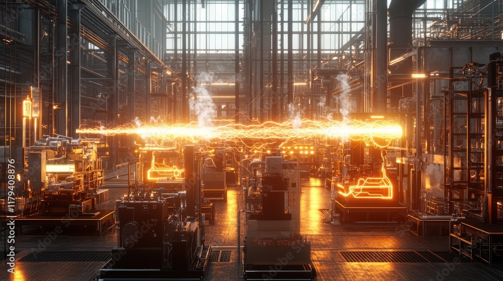 Poster a factory floor with machines powered by visible high-voltage circuits, highlighting industrial ener