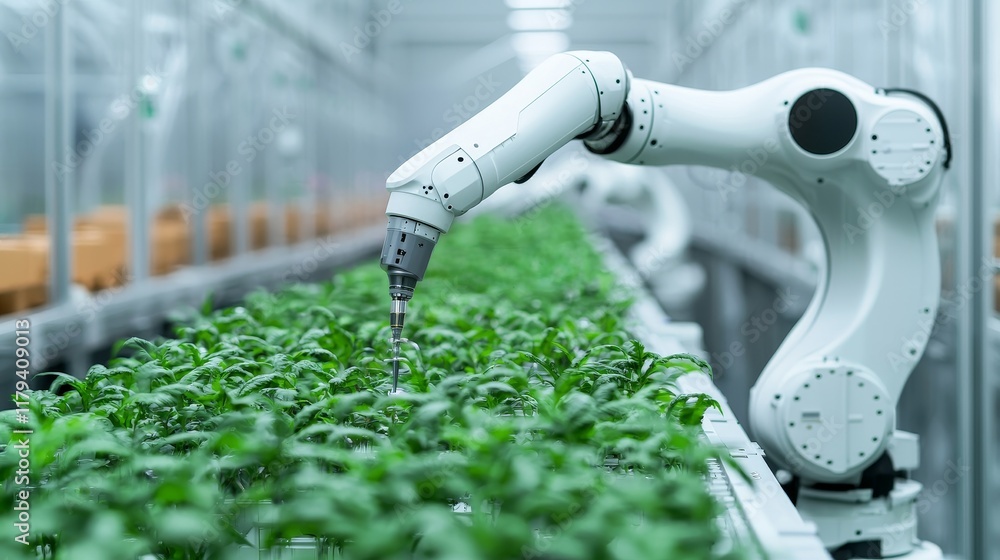 Aufkleber solution engineering in biomedical concept. automated robot watering plants in a greenhouse setting.