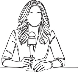 Professional Female Journalist in Line Art Style on White Background