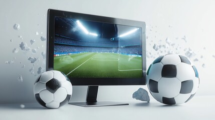 Naklejka premium Soccer Game on Computer Screen with Dynamic Soccer Balls