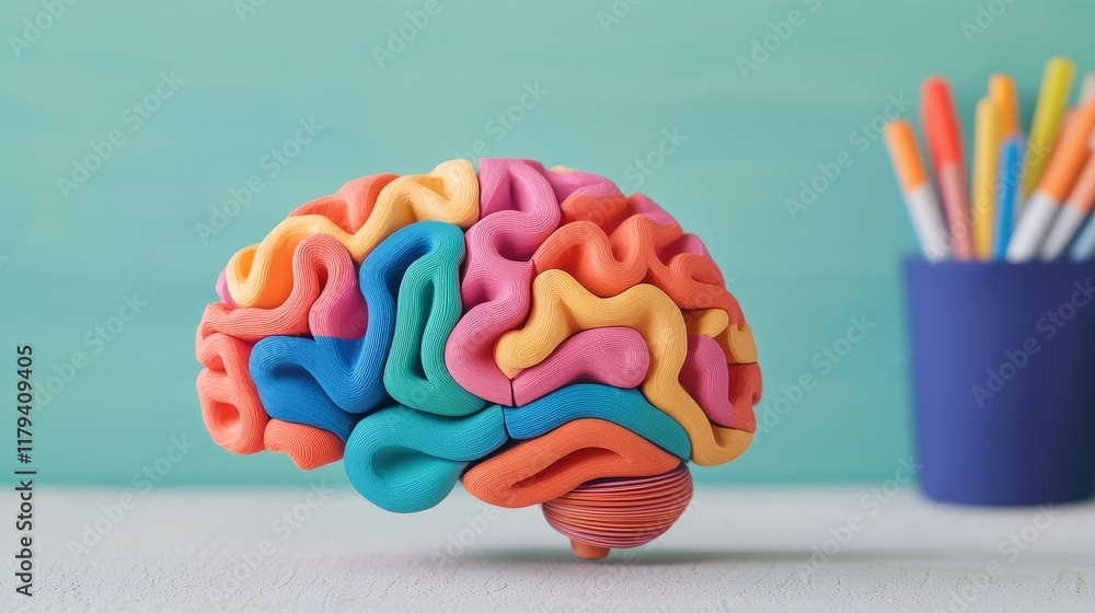 Aufkleber stress program management. colorful brain model on a table with stationery in the background.