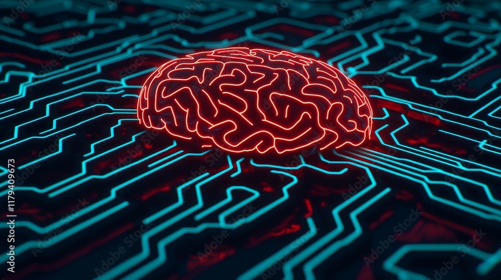 Poster mental health program. digital brain on a circuit board, symbolizing artificial intelligence and tec