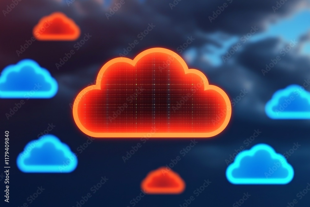 Poster cloud computing with ecosystem concept. digital clouds in vibrant colors against a dramatic backgrou