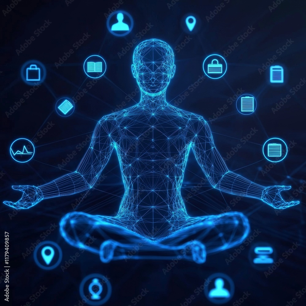 Poster stress program management. digital figure meditating with floating icons in a futuristic design.