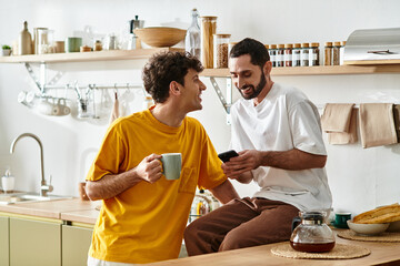 Loving moments of a gay couple enjoying life at home in their modern apartment