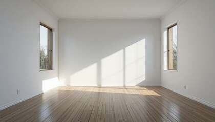 Obraz premium An airy room with large windows allows golden sunlight to illuminate the wooden floor, creating a serene and peaceful atmosphere in the late afternoon