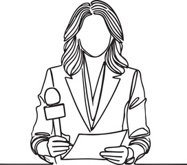 Professional Female Journalist in Line Art Style on White Background