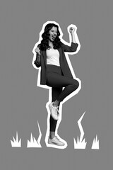 Creative photo 3d collage artwork poster postcard of joyful funky lady wear red clothes rejoice hooray yes isolated on painting background