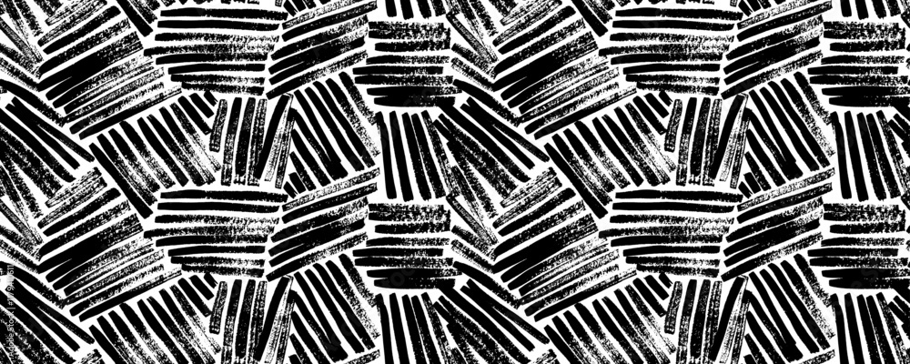 Poster Weave seamless pattern with textured brush strokes. Abstract geometric simple textile print. Hand drawn vector rough background. Straight line vector brush strokes. Intricate hand drawn texture.