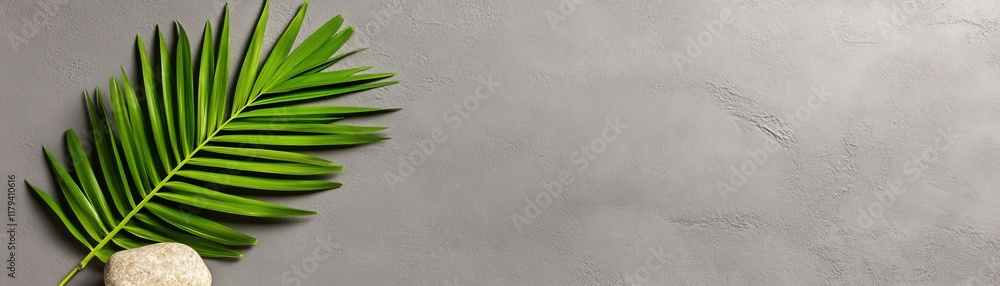 Poster palm leaf minimalism: a single, elegant palm leaf rests on a smooth gray surface, creating a serene 