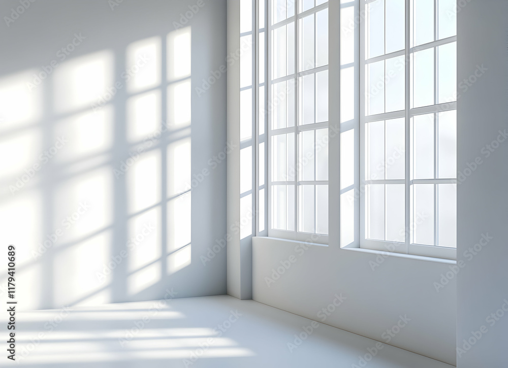 Poster bright minimalist interior with large windows casting light and shadow patterns