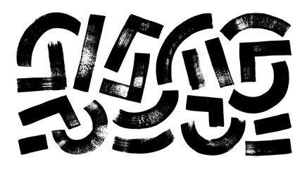 Simple geometric curved and straight lines collection. Bold brush drawn geometric shapes, funky strokes. Hand drawn curves, arches and triangle shapes. Rough grunge texture. Doodle style figures.