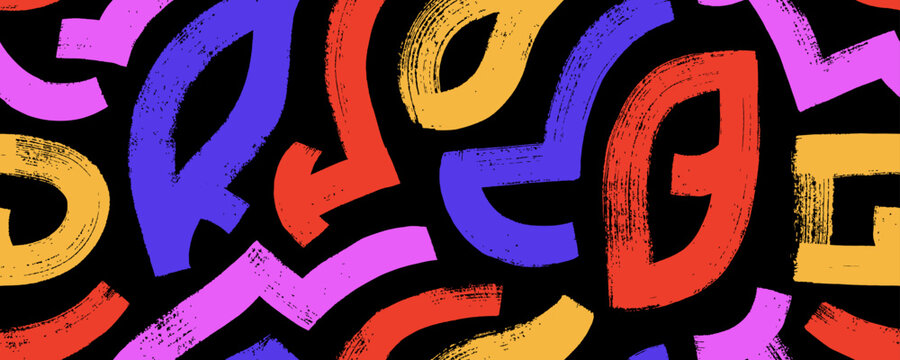 Colorful seamless maze pattern with bold brush drawn lines and organic shapes. Hand drawn thick geometric lines.