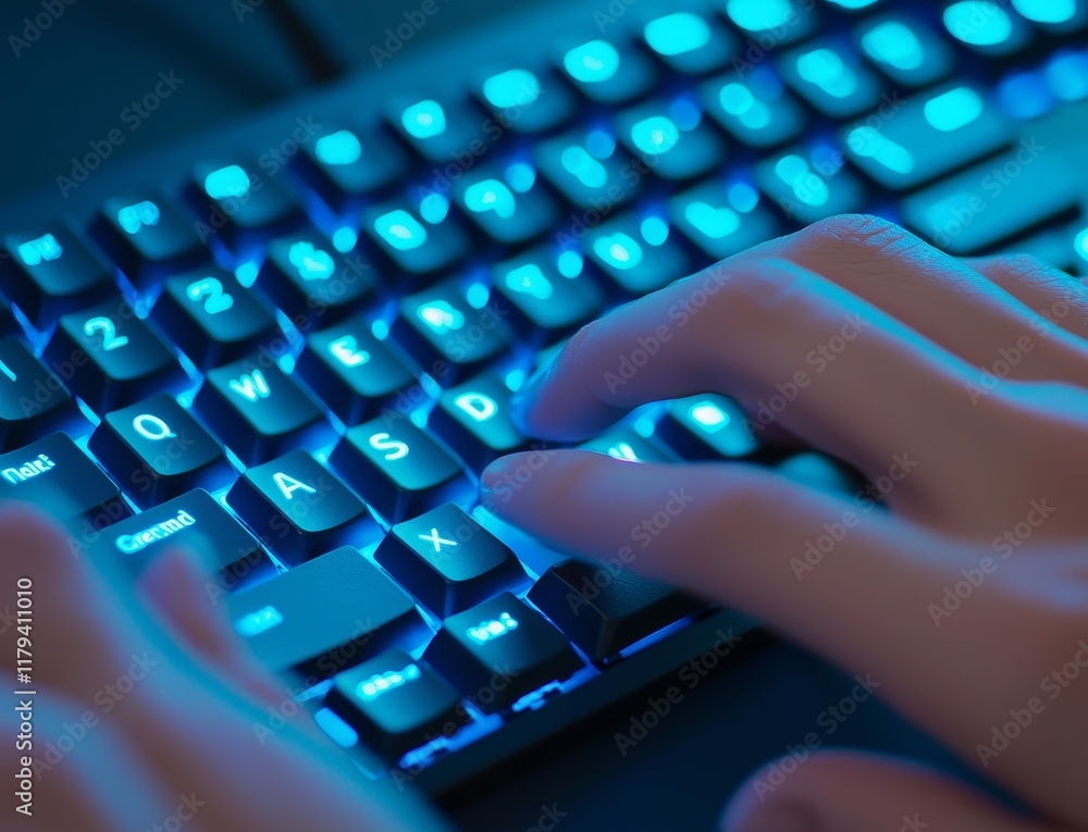 Poster mental health program. hands typing on a glowing blue keyboard in a dark setting.