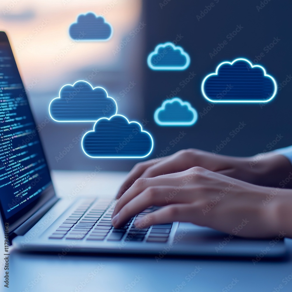 Poster cloud computing with ecosystem concept. hands typing on a laptop with digital cloud icons above.