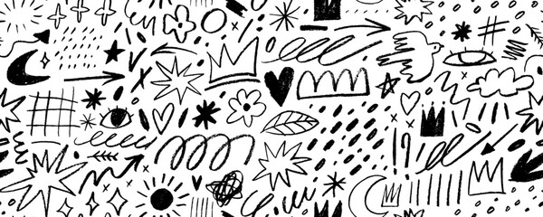 Childish girly style crayon doodle seamless pattern. Hand drawn pencil scribbles, doodle shapes background.