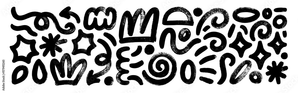 Poster Bold brush drawn spirals and squiggles collection with funky geometric elements. Primitive geometric forms and figures with dry rough texture. Punk or grunge style various vector icons.