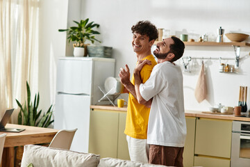 Joyful moments of a loving gay couple in their modern apartment together