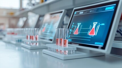 Fototapeta premium Clinical trial advancement concept. Laboratory setup with test tubes and digital screens displaying data.