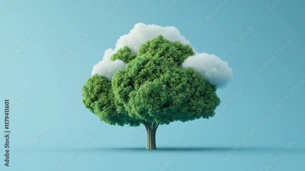 Poster cloud computing with ecosystem concept. lush green tree with fluffy clouds against a blue background