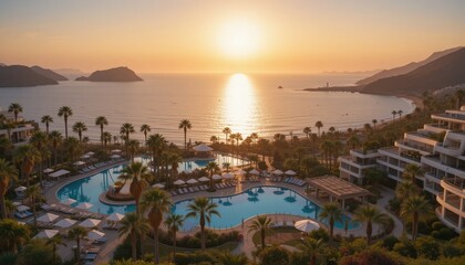 Golden light bathes the horizon as the sun sets over a picturesque beachfront resort