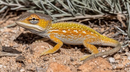 Fototapeta premium A vibrant yellow and orange chameleon on sandy ground near grey-green shrubs.