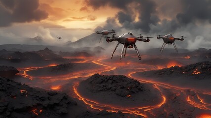 _volcanic_landscape_with_robotic_drones_studying_lava_
