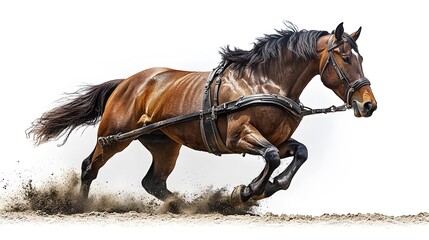 Fototapeta premium A horse pulling a plow in a field, showcasing strength and determination against a backdrop of rich earth and vibrant sky.