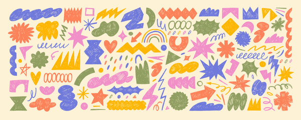 Collection of funky doodle childish style figures and geometric shapes drawn by colored crayon.