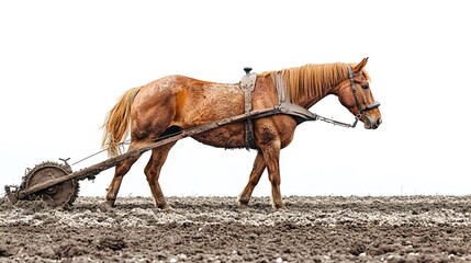 A horse diligently pulls a plow through rich, dark soil, embodying the strength and tradition of farming under a gray sky.
