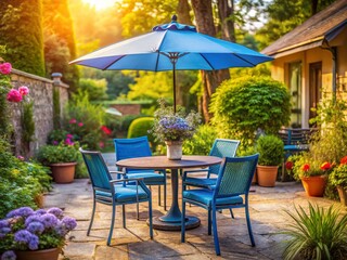 Cozy Outdoor Patio Dining Set with Blue Furniture and Umbrella - Summer Relaxation