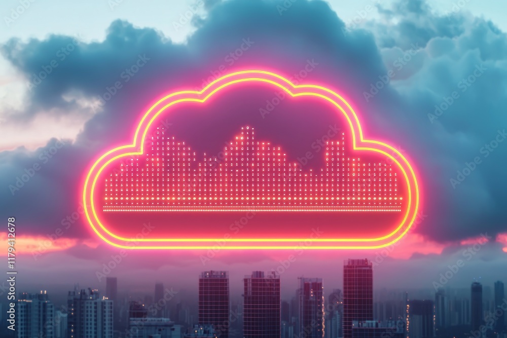 Aufkleber cloud computing with ecosystem concept. neon cloud symbol with skyline and colorful sunset backdrop.