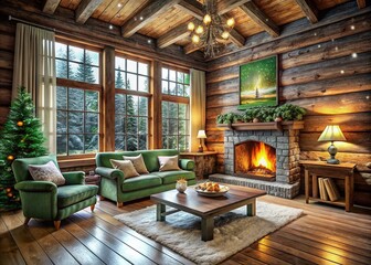 Cozy Rustic Cabin Interior with Fireplace, Snow Scene - Winter Wonderland Stock Photo