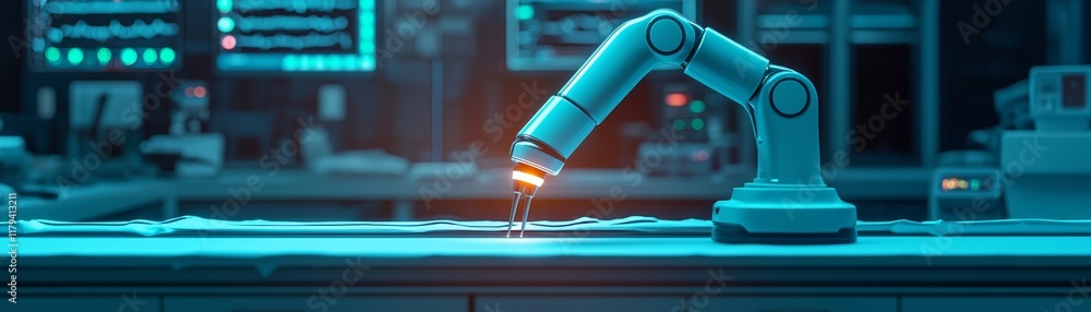 Poster surgery precision robotic concept. robotic arm working in a futuristic lab environment.