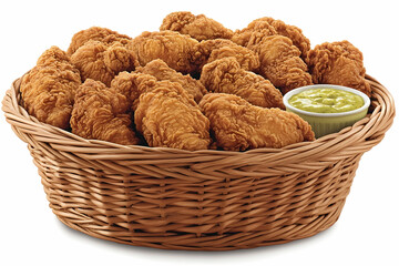 Crispy fried chicken wings in a wicker basket with dipping sauce. Perfect for a casual meal or party.
