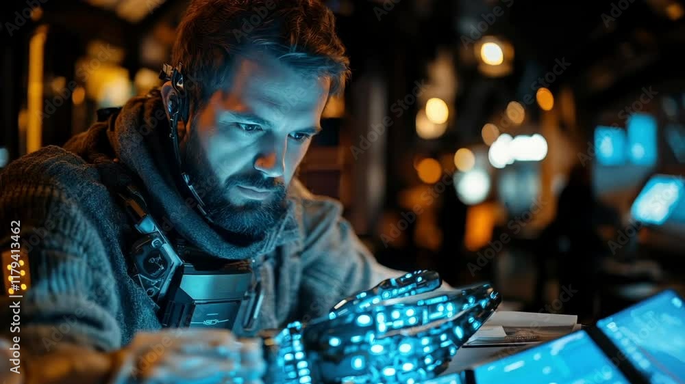 Poster A technician works intently, using a high-tech, glowing hand interface in a dimly lit, futuristic environment filled with screens.