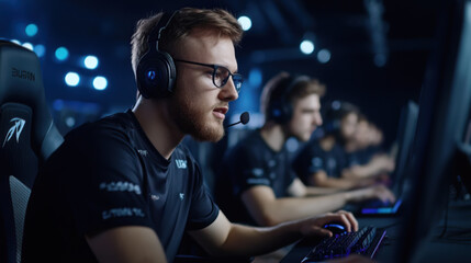 In a room full of computer screens, there are several handsome programmers wearing microphones and headphones typing on their computers