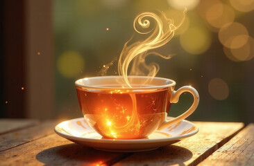 Fototapeta premium A white teacup with steam forming a glowing silhouette of a woman, set on a wooden surface bathed in warm sunlight.