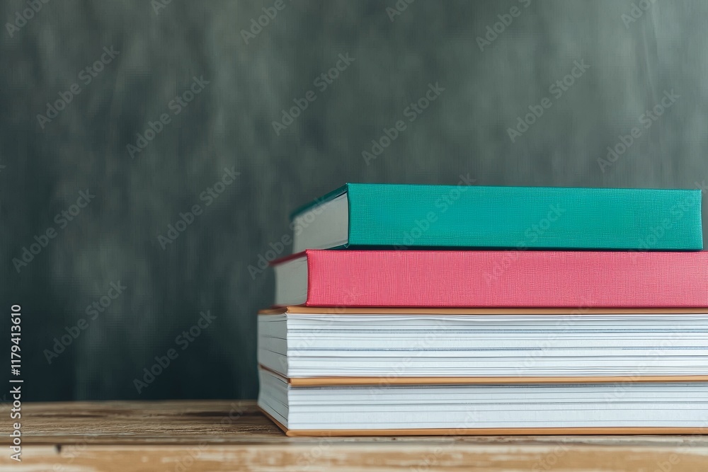 Poster employee with incentive concept. stack of colorful books on a wooden surface against a textured back