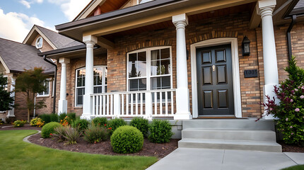 Brick house front with porch, white columns, dark brown door, and landscaped yard.  The home has a light brown roof and well-maintained lawn and shrubs.