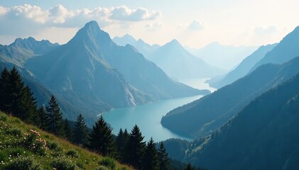 Fototapeta premium Towering mountain peaks fade into misty distance, serene, wilderness, nature