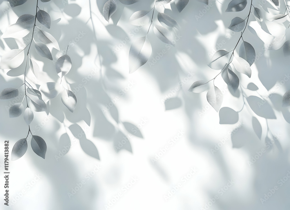 Poster artistic shadows of leaves on a soft white background with gentle light play creating serenity