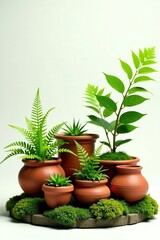 Obraz premium Terracotta pots with different shapes and sizes scattered around a base filled with ferns and moss, greenery, terracotta, fern
